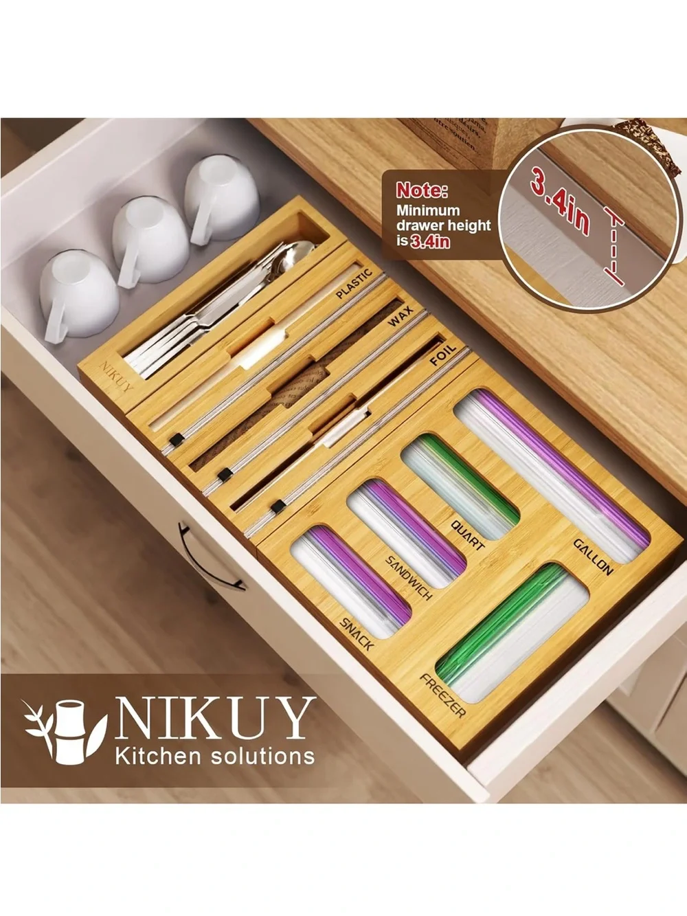 New Open Box 9 IN 1 Bamboo Foil and Plastic Wrap Organizer for Kitchen Drawer